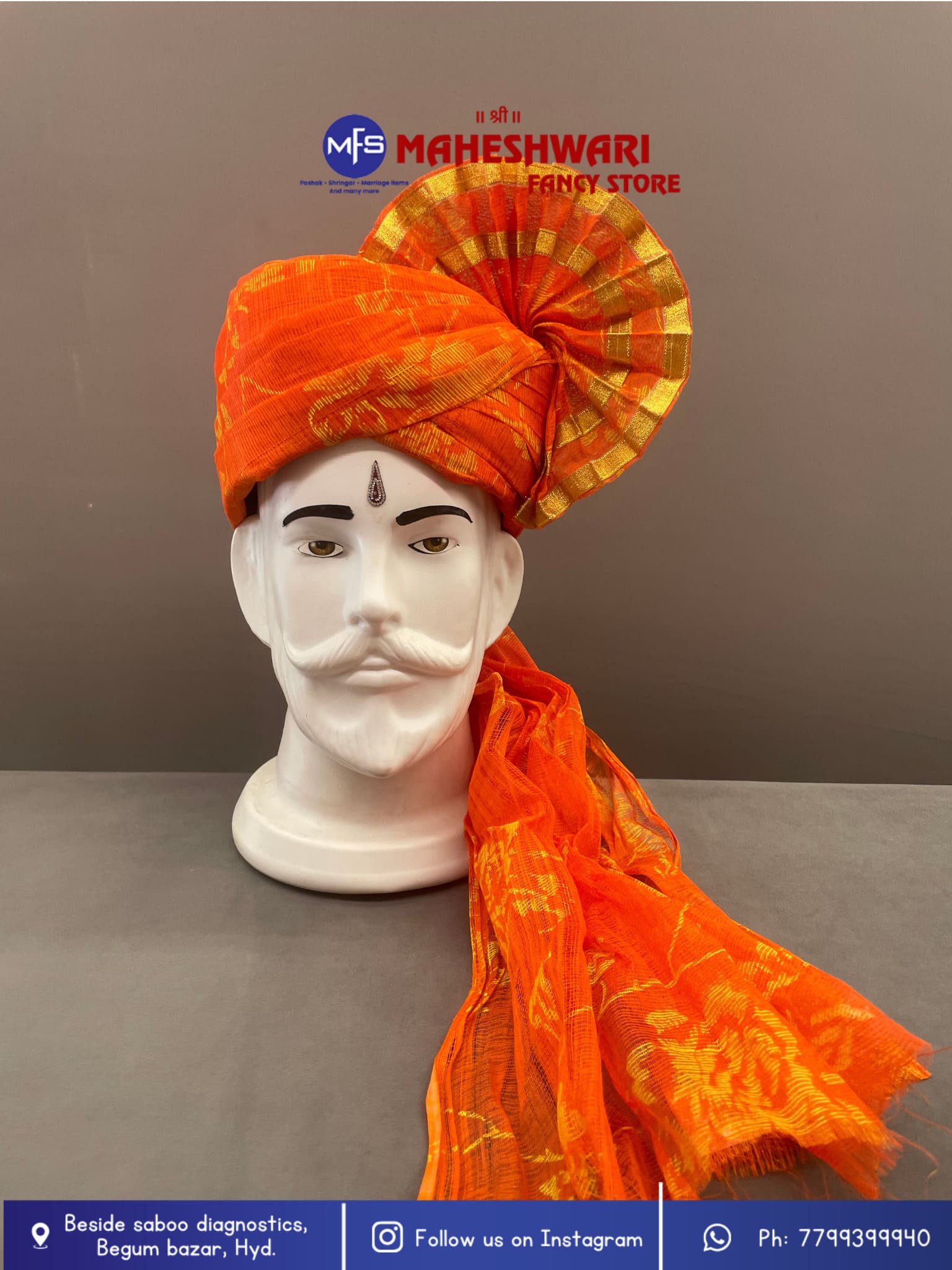 Orange  Floral  Barati  Pagdi Fabric